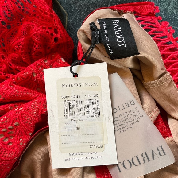 Bardot Theodora Lace Sheath Mini Dress Fire Red US Size 6 NWT Holidays Valentine - Picture 11 of 12